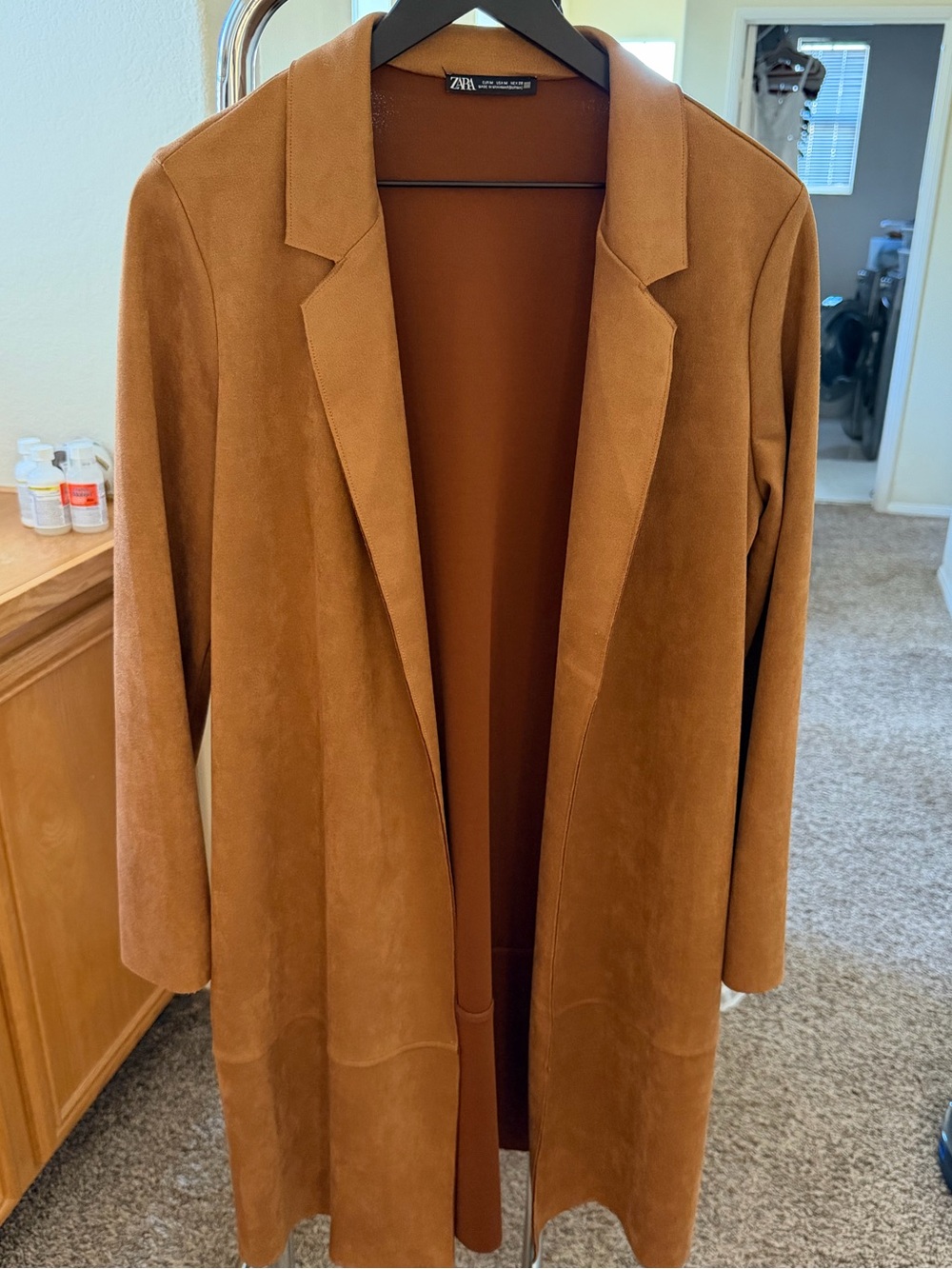 Zara Suede-Effect Open-Front Trench Coat in Cognac